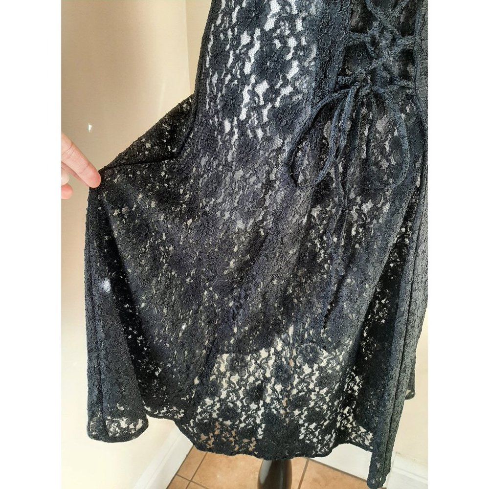 Vtg Black Sheer Lace Button Midi Dress Fit & Flare Whimsigoth 90s Corset Tie - Picture 8 of 10